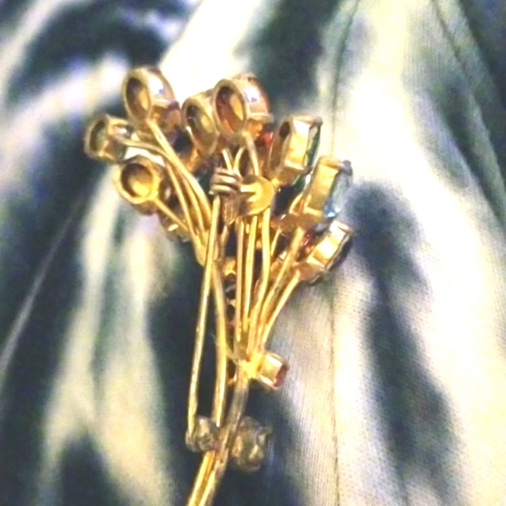 Vtg 50's CZECH Glass  Bouquet Gem Stones Multi Colorful Rare Gold Marked Brooch - Picture 6 of 9